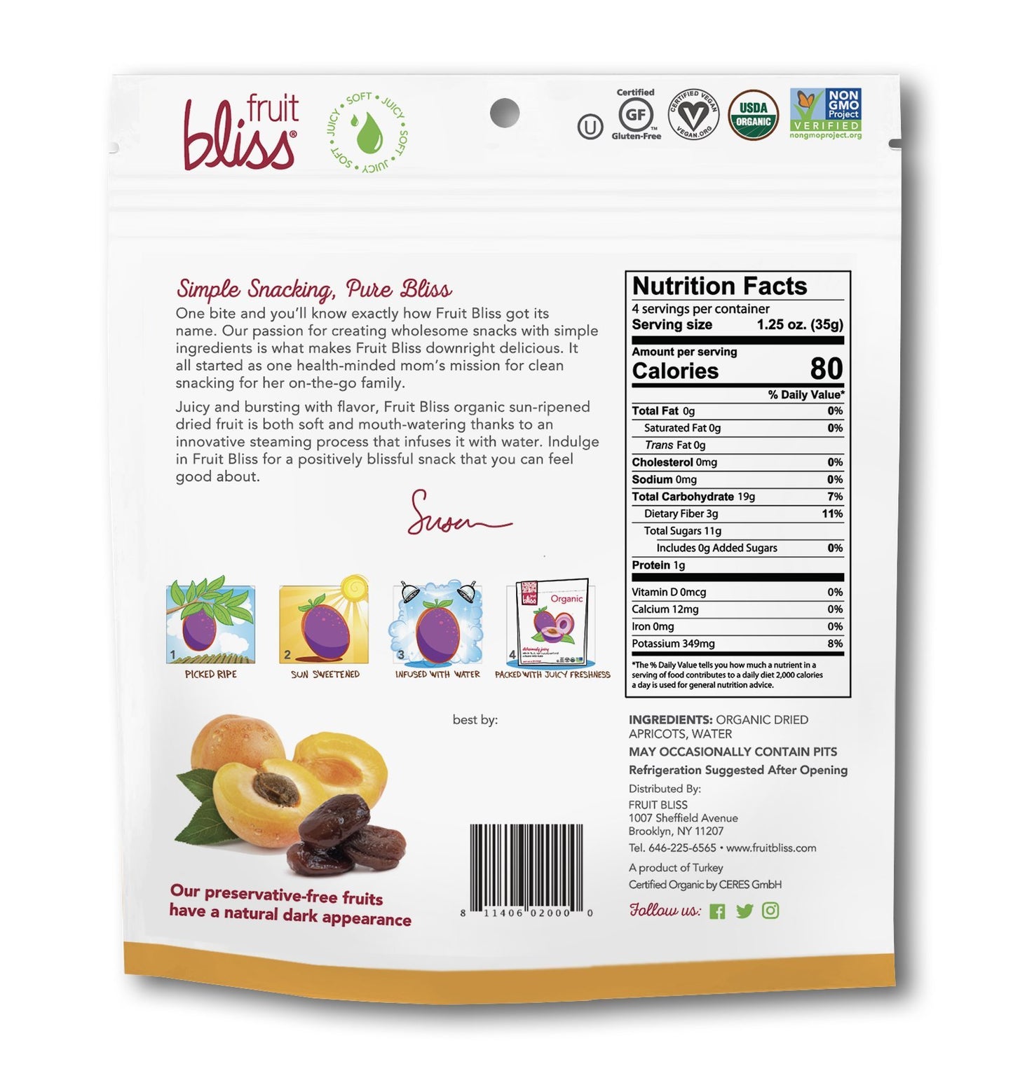Fruit Bliss Unsulfured Turkish Apricots - Organic Dried Fruit Snacks - Gluten-Free, Non-GMO - 5 oz Pack