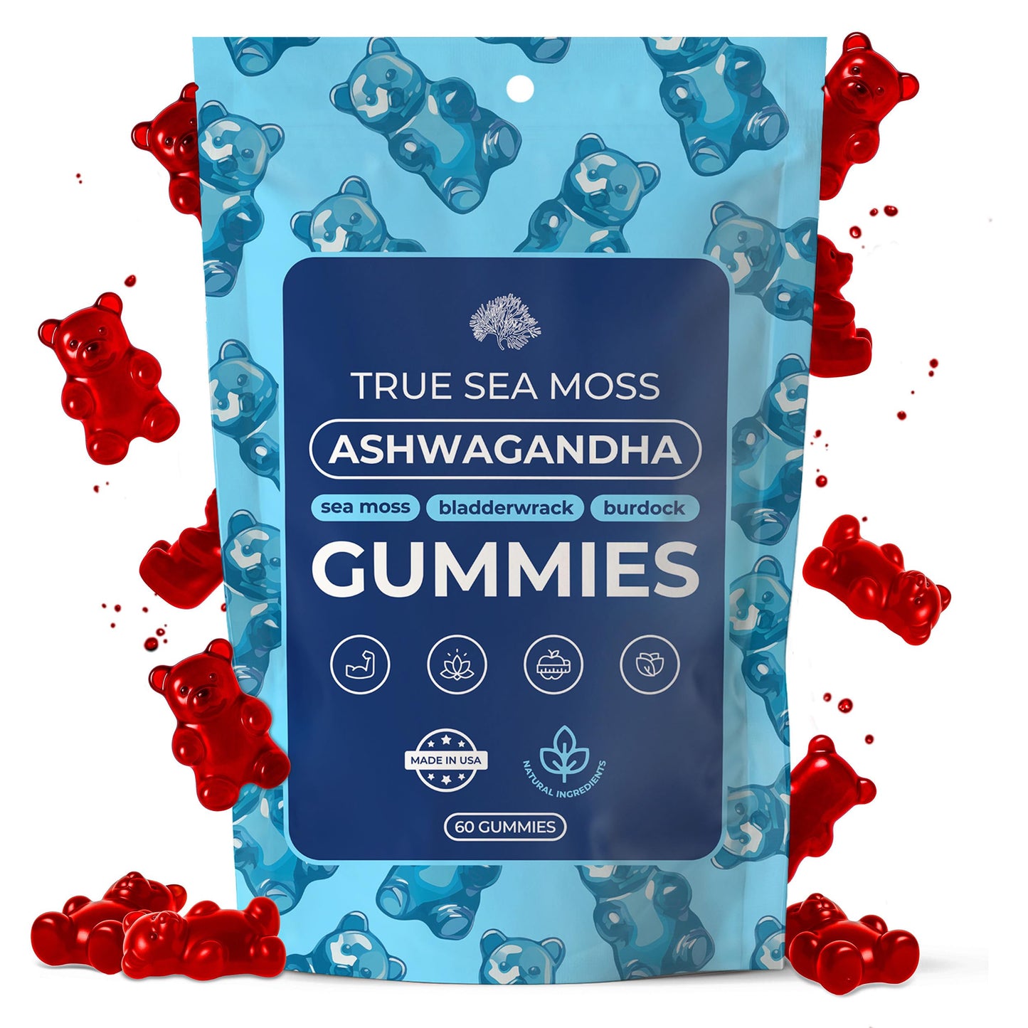 TrueSeaMoss Ashwagandha Gummies for Women & Men - Vegan Formula with Sea Moss  Bladderwrack & Burdock Root - 60 Gummies (30-Day Supply)