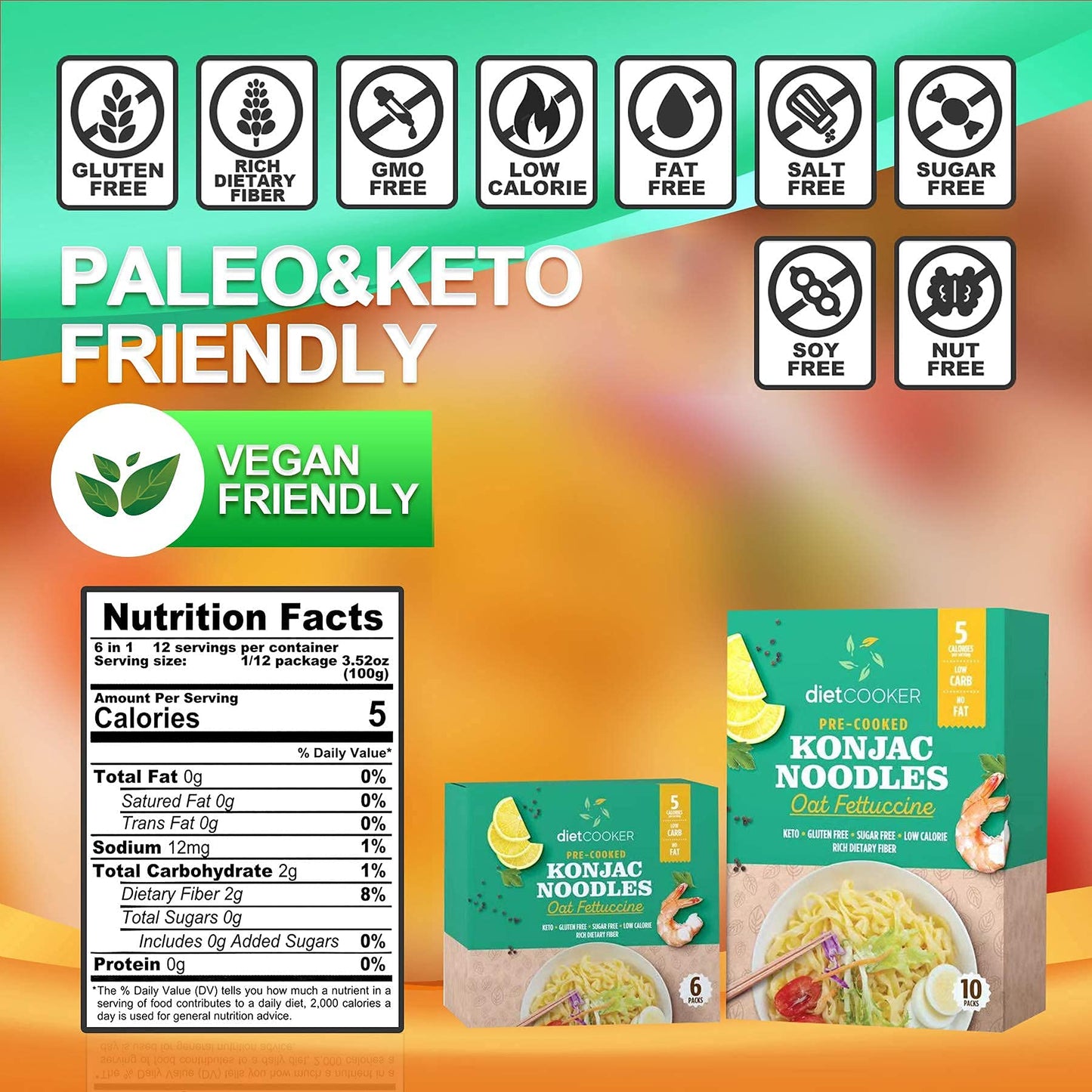 DIET COOKER Konjac Noodles, Keto & Vegan Friendly, Low Calorie, 9.52 oz (Pack of 6)