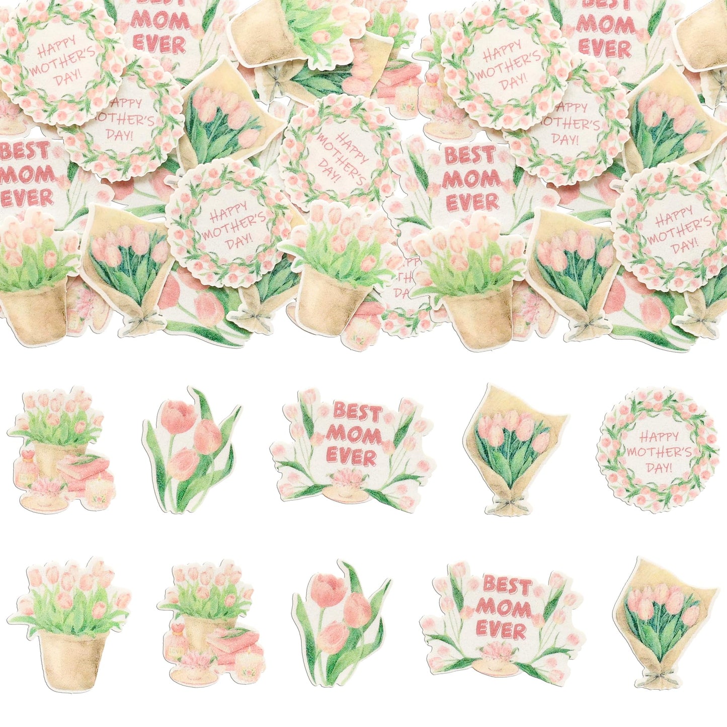 Ephlyn 54Pcs Edible Happy Mother'S Day Cupcake Toppers Best Mom Ever Cake Drink Topper Picks Flowers Cake Decoration For Mom'S B