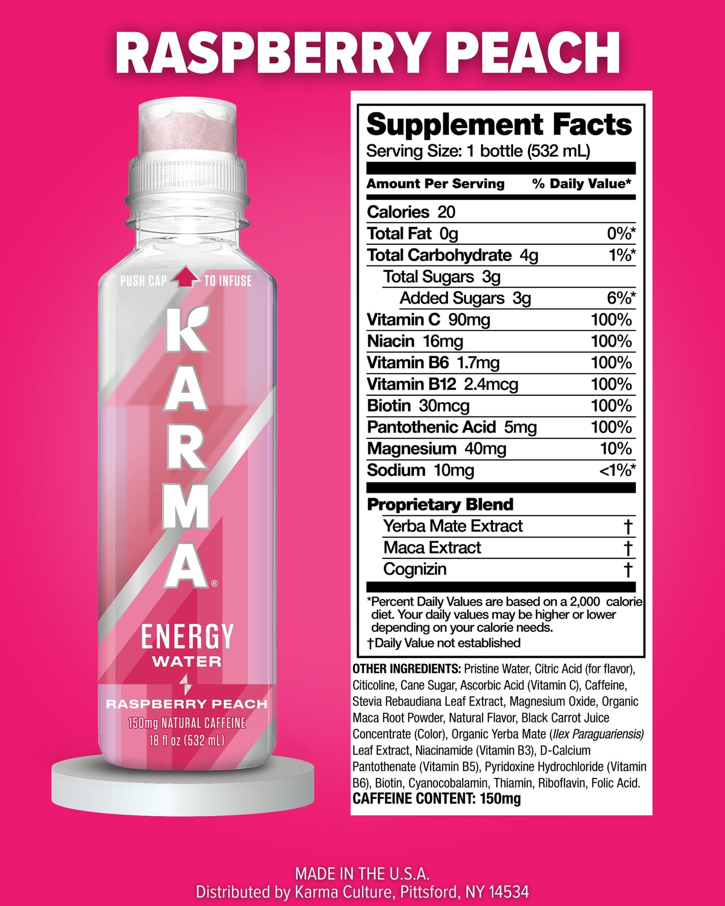 Karma Raspberry Peach Energy Water l Caffeinated Natural Energy Drink l Low Calorie Focus and Energy Boost, 18 Fl Oz (Pack of 12