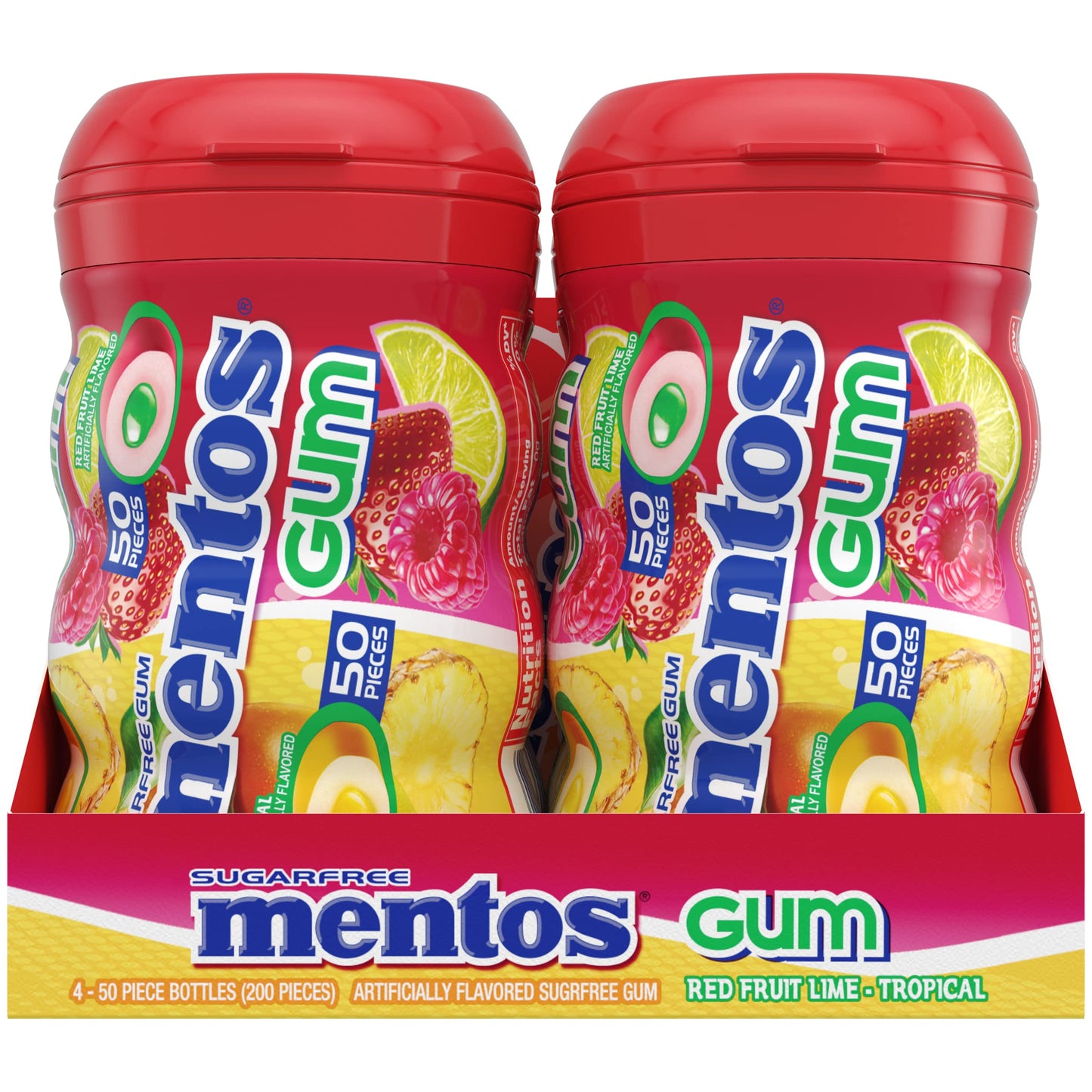 Mentos Sugar-Free Chewing Gum, Tropical, Red Fruit And Lime, 50 Piece Bottle (Pack Of 4 Bottles)
