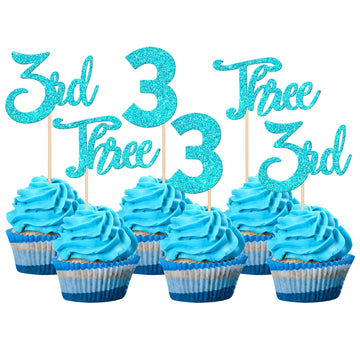 24 PCS Three Cupcake Toppers Glitter 3rd Birthday Cupcake Picks Number 3 Cupcake Decorations for Baby Shower Kids Third Birthday