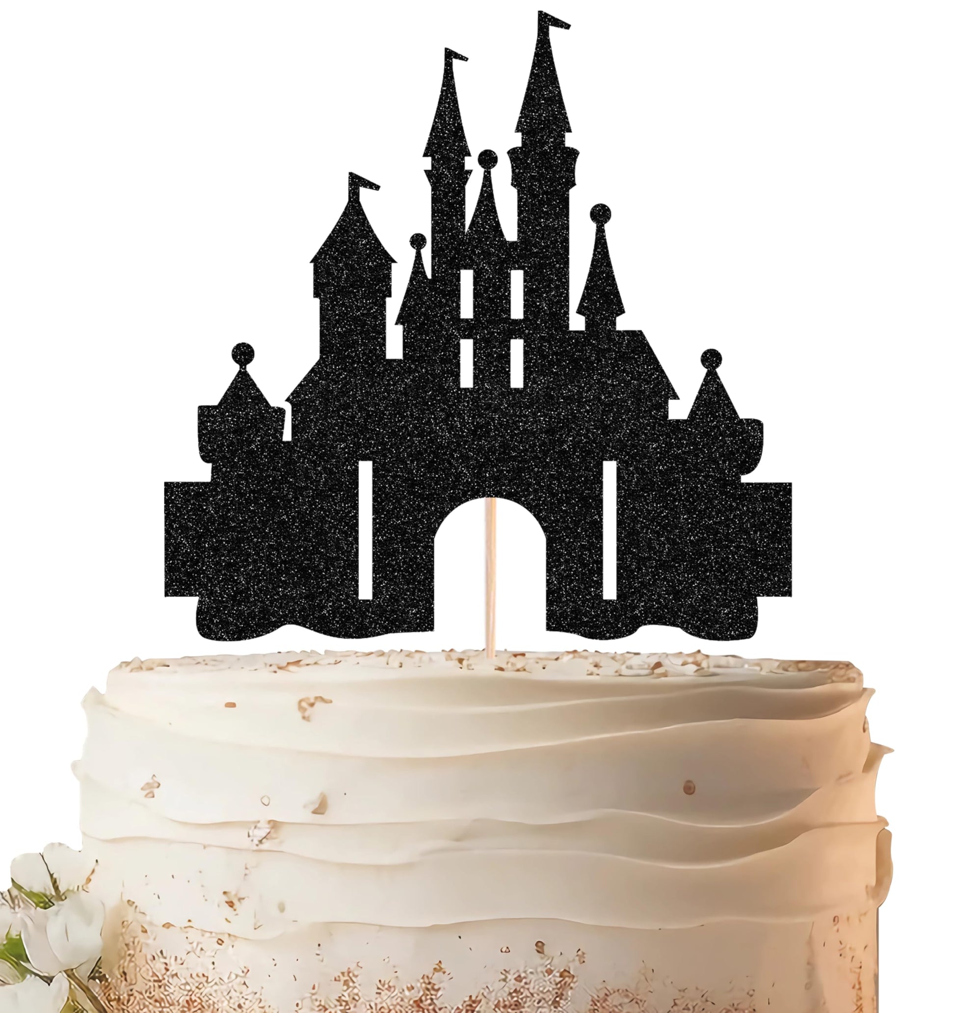EONNCNT Castle Cake Topper - Black Glitter Cardboard Decoration for Birthday, Baby Shower, Photo Booth Props