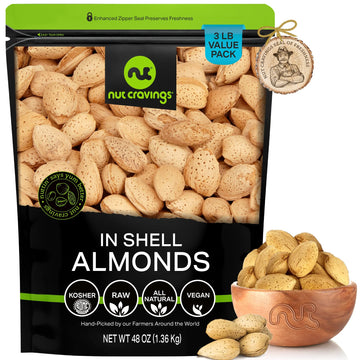NUT CRAVINGS - In Shell Almonds - Raw, Whole, (48oz - 3 LB) Packed Fresh in Resealable Bag - Nut Snack - Healthy Protein Food, A