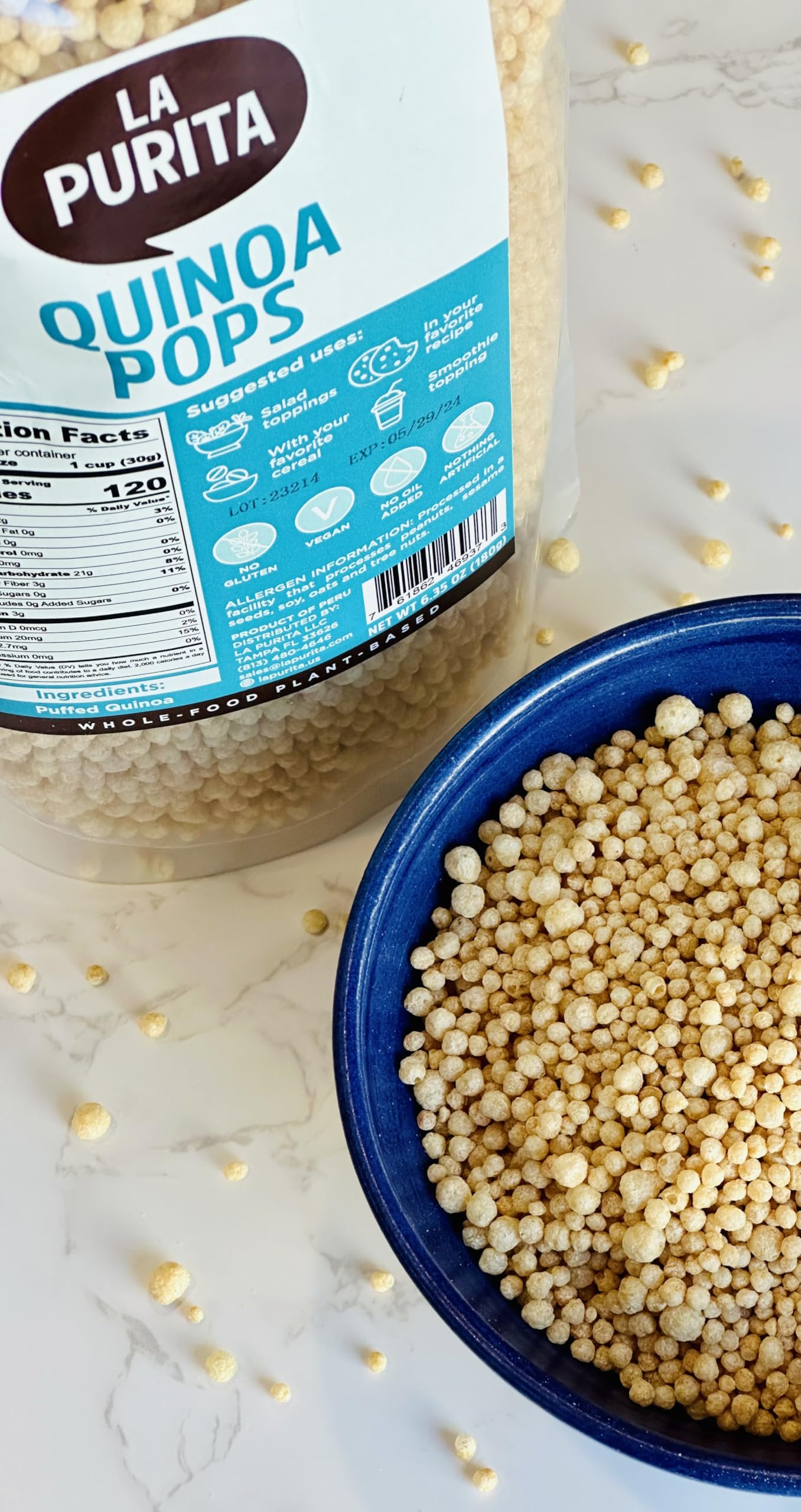 La Purita Puffed Quinoa Pops - Healthy Protein Cereal  Gluten-Free  Sugar-Free  Vegan Superfood  6.35 oz (Pack of 1)  Unflavored
