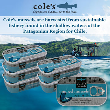 Coles Smoked Mussels in Extra Virgin Olive Oil, 4oz Hand-Packed, 14g Protein, Pack of 5