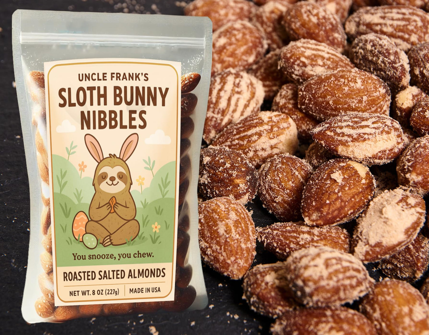 Uncle Franks Sloth Bunny Nibbles - 8Oz Roasted Salted Almonds - Easter Snack For Sloth Lovers - Animal-Themed Basket Filler - Ge