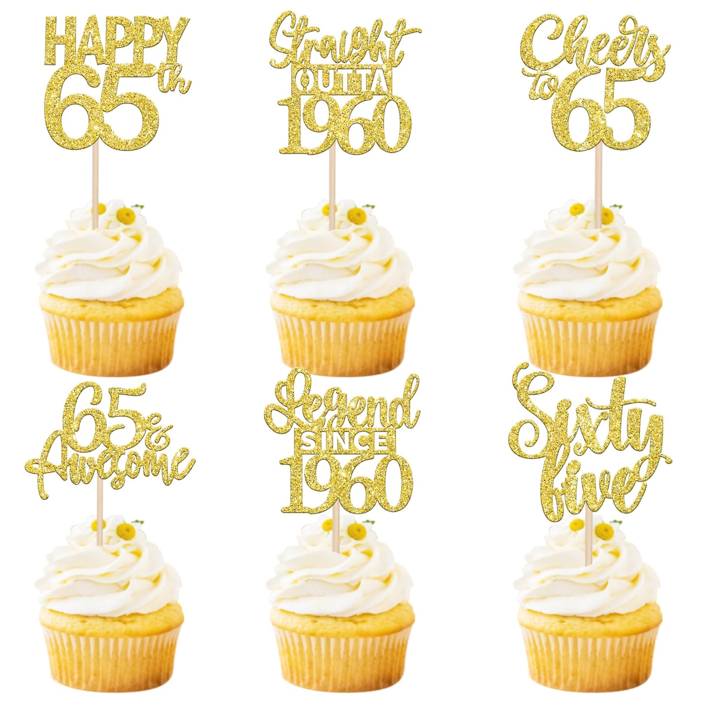 24PCS Gold Happy 65th Birthday Cupcake Toppers Sixty Five Straight Outta 1960 Cupcake Picks Cheers to 65 Lengend Since 1960 Cake