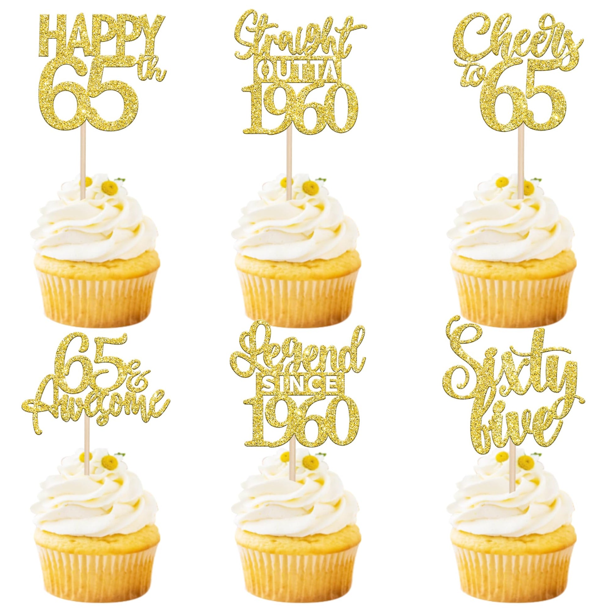 24PCS Gold Happy 65th Birthday Cupcake Toppers Sixty Five Straight Outta 1960 Cupcake Picks Cheers to 65 Lengend Since 1960 Cake