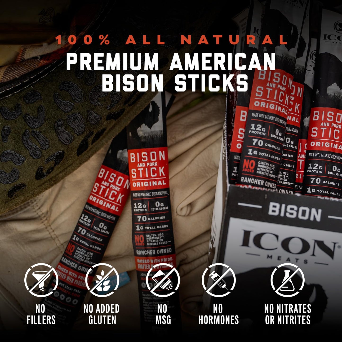 ICON Meats Bison and Pork Snack Sticks - Original Flavor - 24 Pack - High Protein, Low Calorie, Sugar Free, USDA Approved