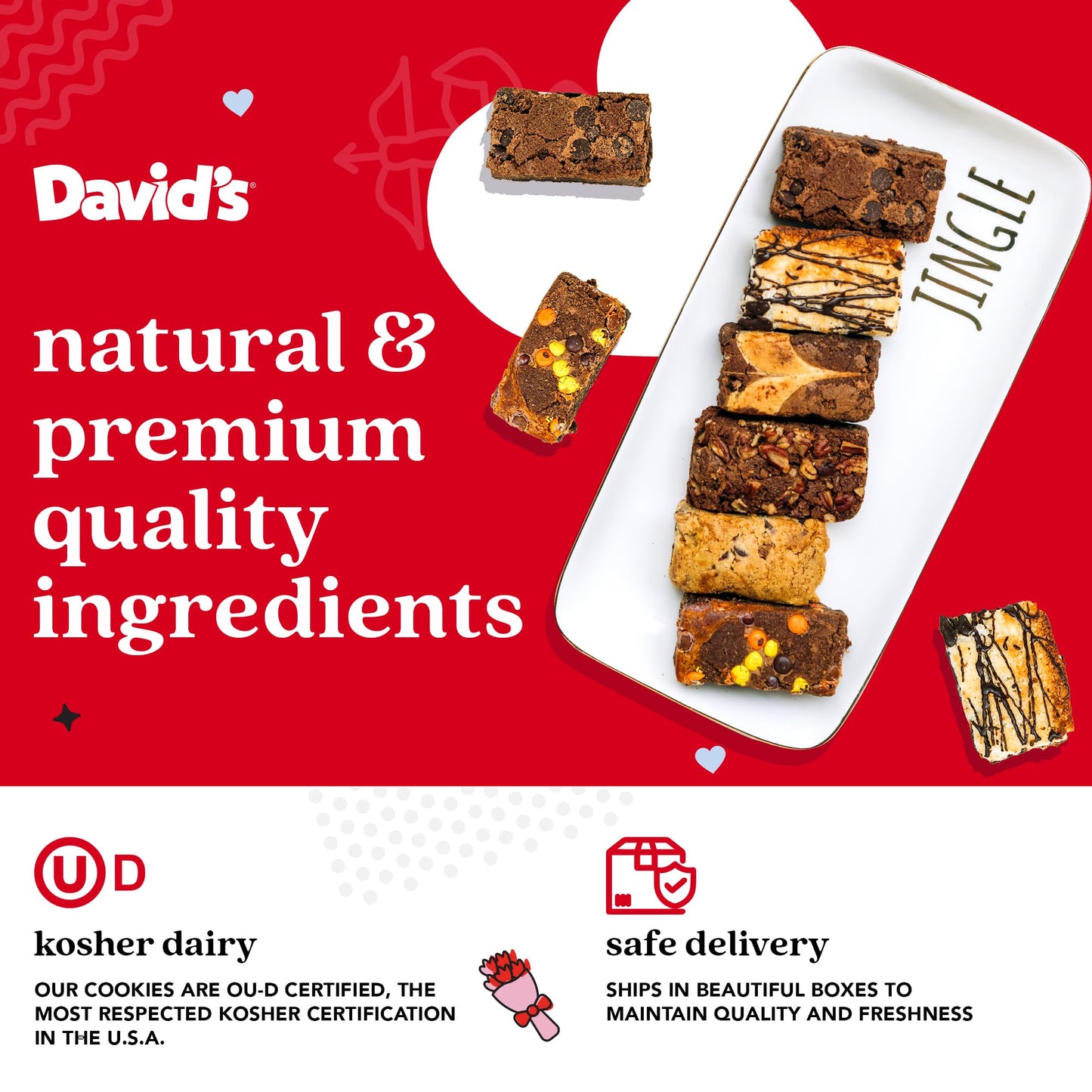 Davids Cookies Assorted Brownies In Love Tin Gift Basket 20Pcs - Delicious, Fresh Baked Brownie Snacks - Gourmet Pure Chocolate