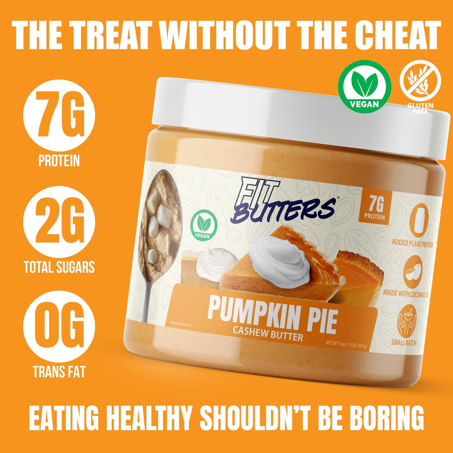 Fit Butters Pumpkin Pie Cashew Butter Spread - Added Protein And Coconut Oil, Low Carb, Low Sugar, Complete Protein Dessert Flav