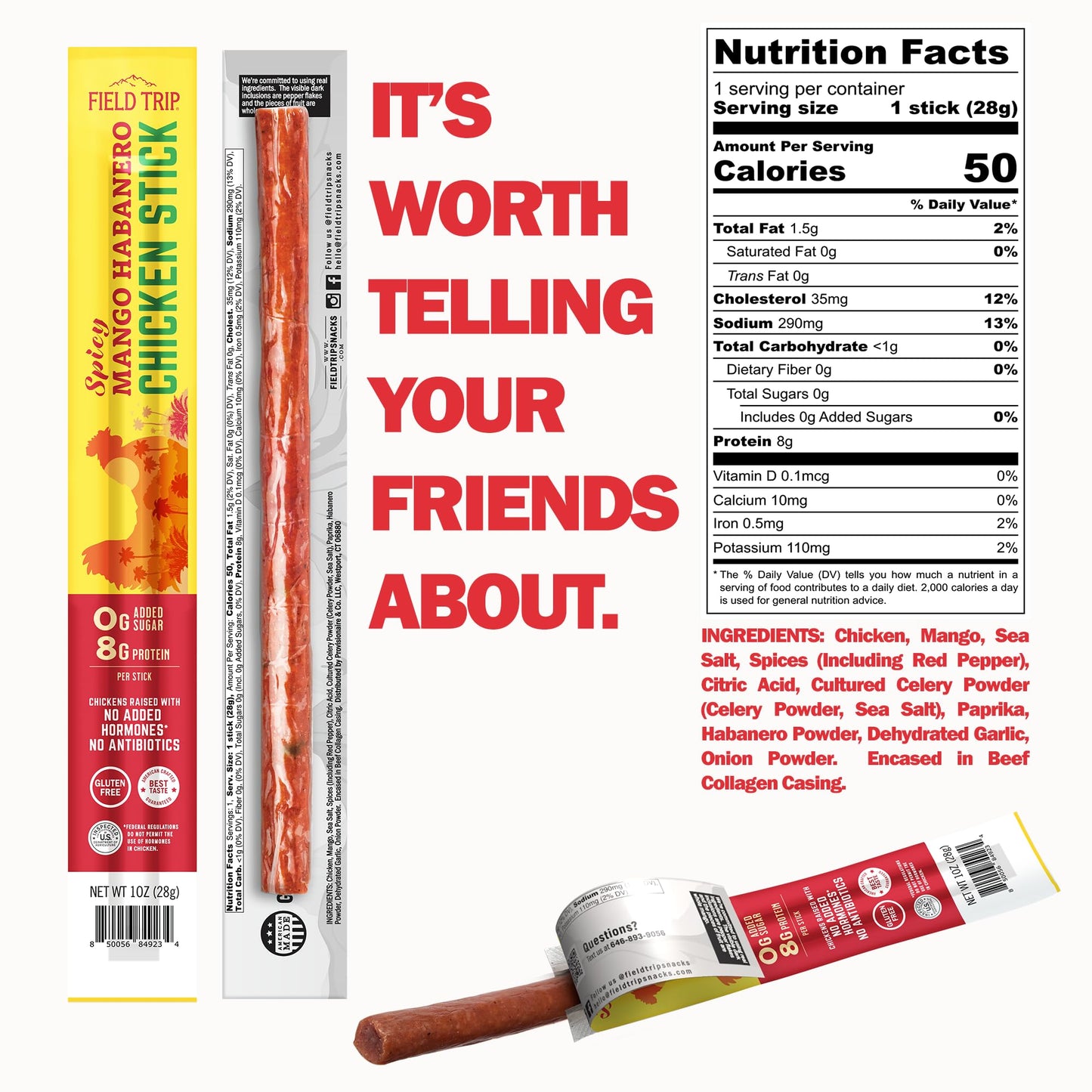 Field Trip Spicy Mango Habanero Chicken Jerky Sticks - Keto, Paleo, Gluten Free - 50 Calorie High Protein Snack - 1oz, 24 Pack