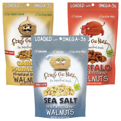 Crazy Go Nuts Savory Sampler Walnuts - Healthy Snacks, Gluten Free, Natural Superfood, Omega 3 Fatty Acids and Antioxidants, Pla