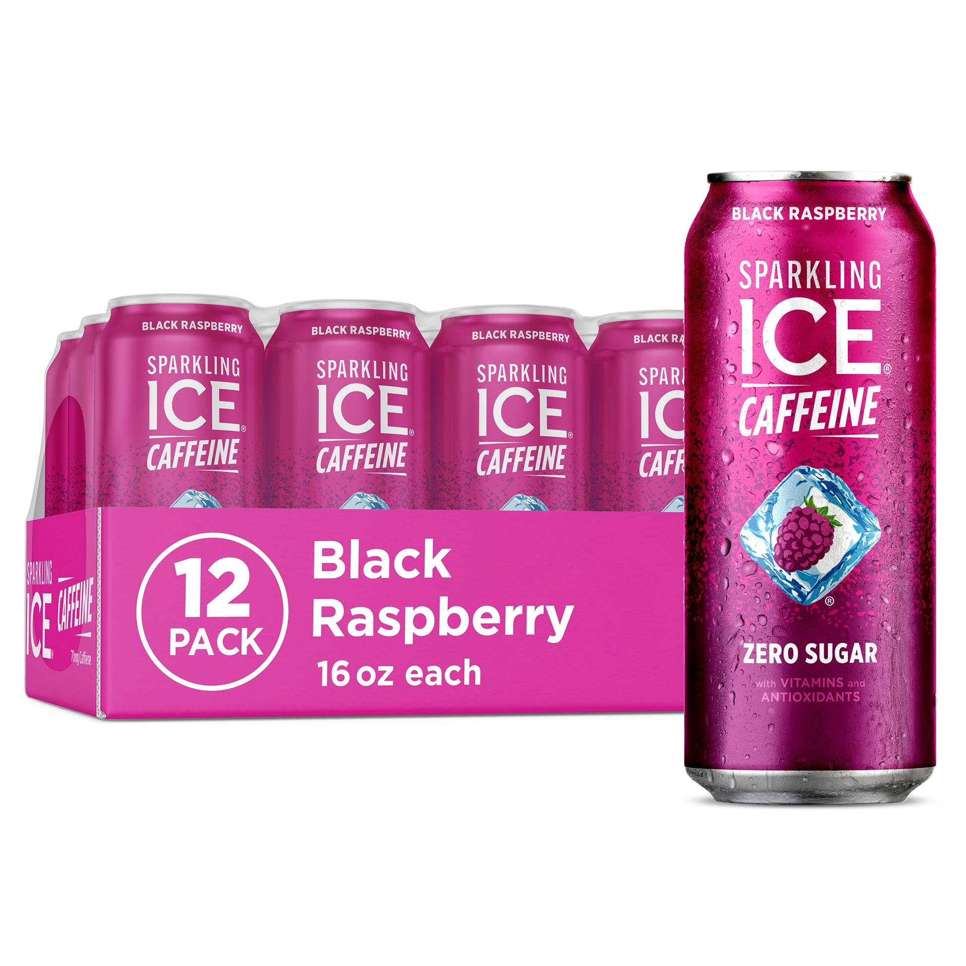 Sparkling Ice Caffeine Black Raspberry Sparkling Water, Zero Sugar, 16 fl oz Cans, Pack of 12