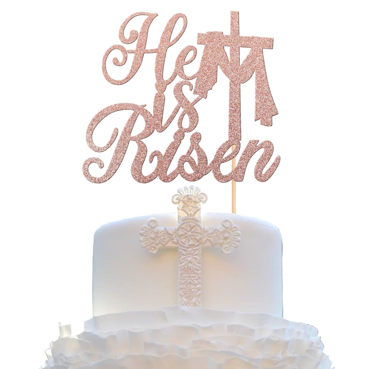 1 Pcs He Is Risen Cake Topper With Glitter Cross Religious Jesus Easter Cake Pick For Happy Easter Theme Party Cake Decorations Supplies Rose Gold