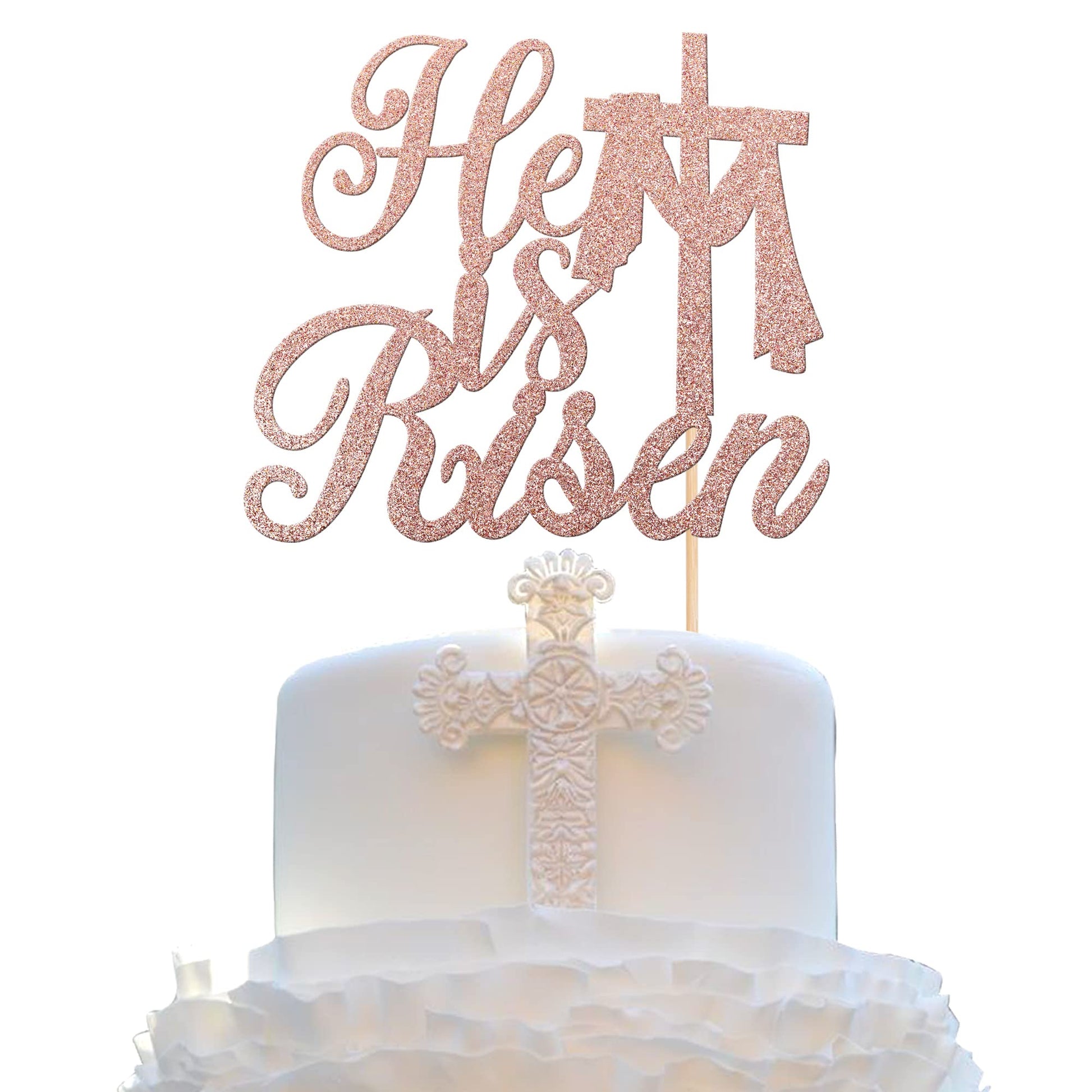 1 Pcs He Is Risen Cake Topper With Glitter Cross Religious Jesus Easter Cake Pick For Happy Easter Theme Party Cake Decorations Supplies Rose Gold