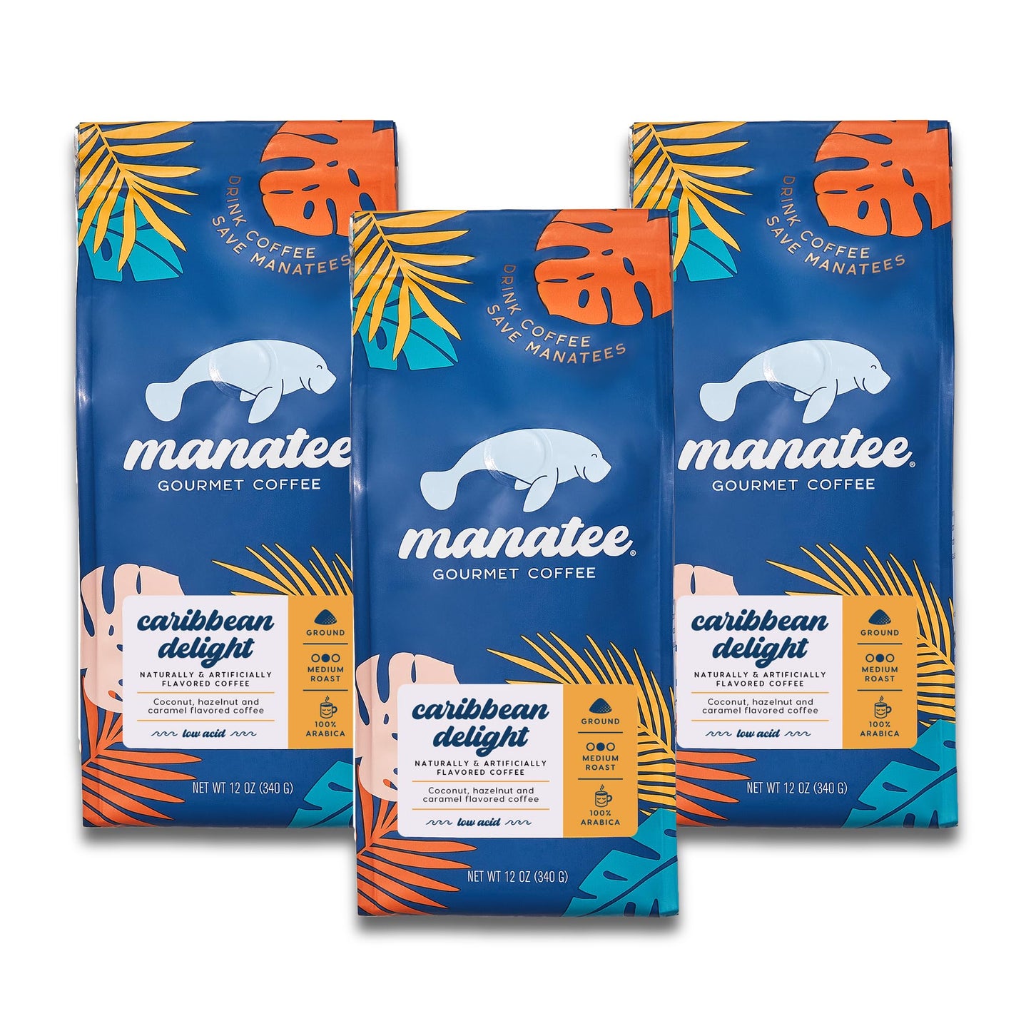 Manatee Gourmet Coffee Ground Medium Roast Caribbean Delight 12 oz Bags Pack of 3
