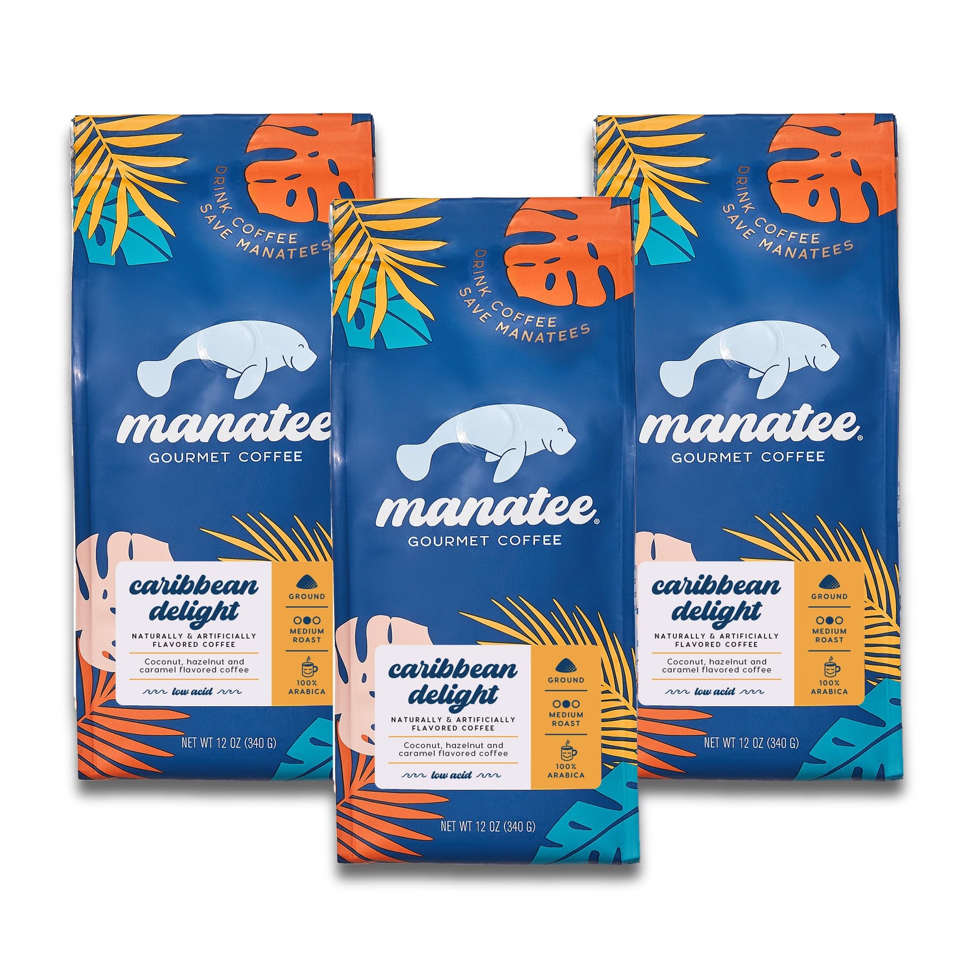 Manatee Gourmet Coffee Ground Medium Roast Caribbean Delight 12 oz Bags Pack of 3