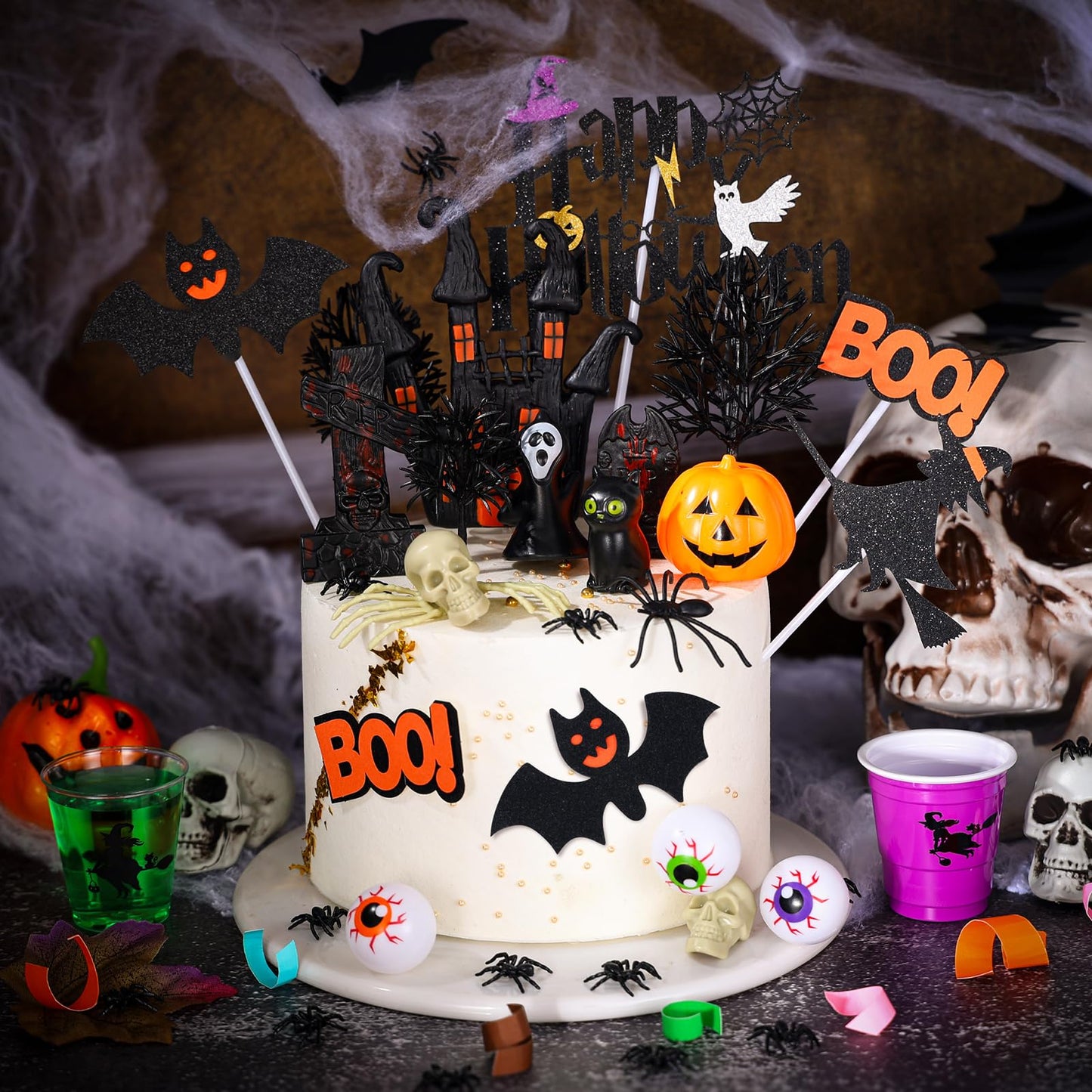 HIYZI Halloween Cake Toppers 48 Pcs 3D Decorations, Plastic, Witch, Bat, Castle, Spider, Skull, Pumpkin, Eyeballs, Hands, Tombstone