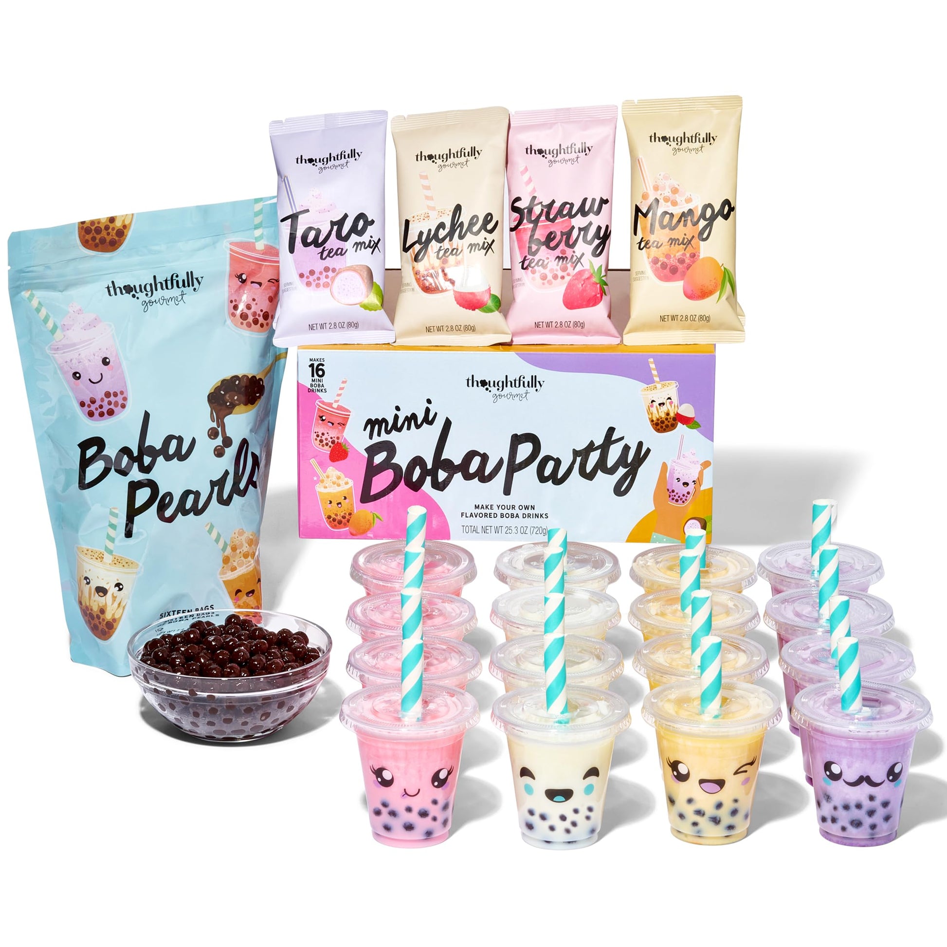 Thoughtfully Gourmet, Mini Boba Pearl Party Set, Makes 16 Tasting Portions Of Bubble Tea, Includes 2 Flavors, Cups, Lids, Straws, & Cup Stickers