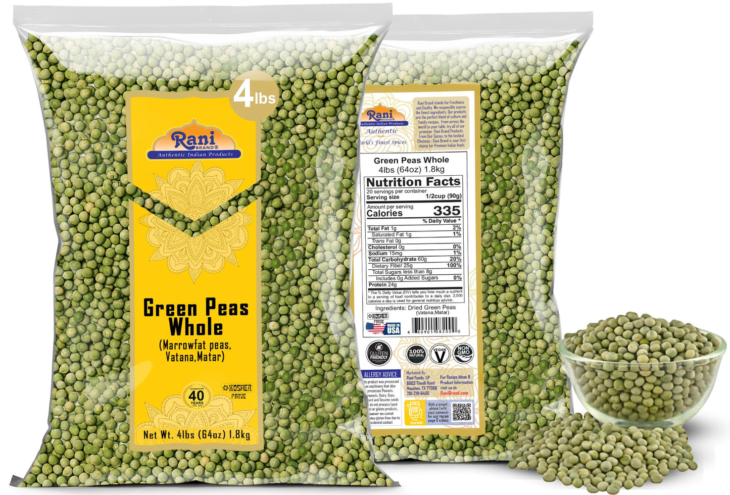 Rani Green Peas Whole, Dried (Marrowfat Peas, Vatana, Matar) 64oz (4lbs) 1.81kg Bulk ~ Used to make Mushy Peas | All Natural | V