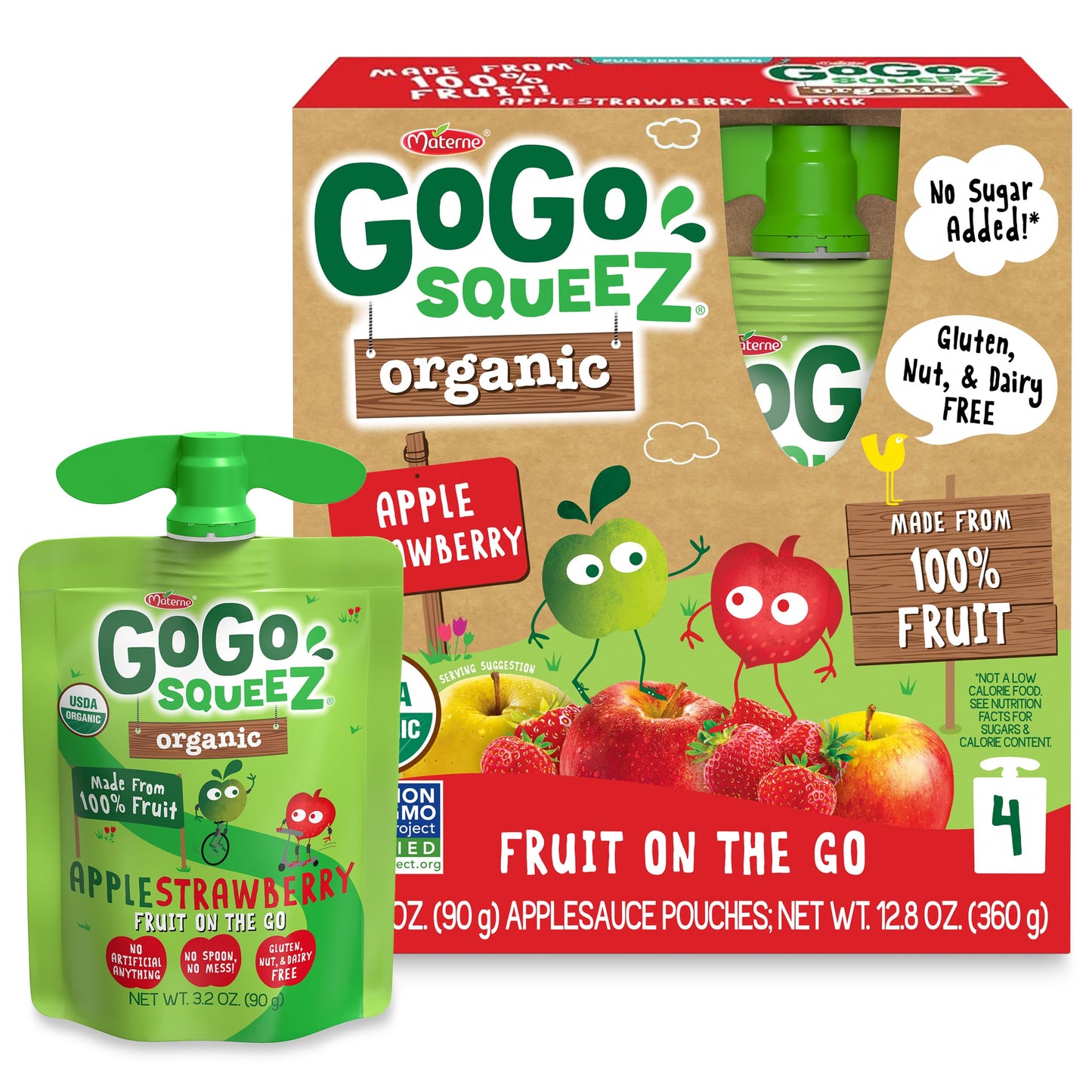 GoGo SqueeZ Organic Applesauce, Apple Strawberry, 3.2 Ounce (4 Pouches), Gluten Free, Vegan, Unsweetened, BPA Free