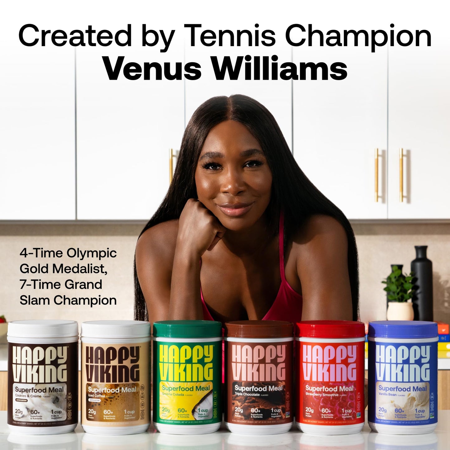 Happy Viking Vanilla Plant Protein Powder, Created By Venus Williams, 20G Protein, Low Carb, Keto, Vegan, Gluten-Free, Non-Gmo, Superfoods, Complete Meal Replacement, 1 Canister (24 Oz.)