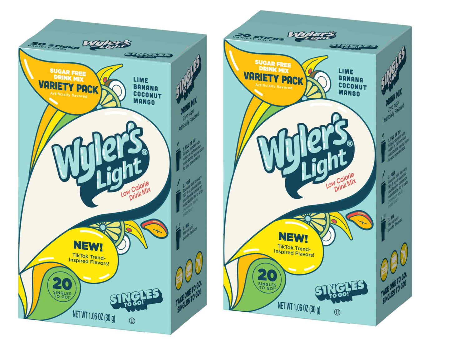 SINGLES TO GO! Wylers Light Drink Mix Variety Pack, 20 Packets per Box, Low Calorie, 2 Pack, Trend Inspired Flavors