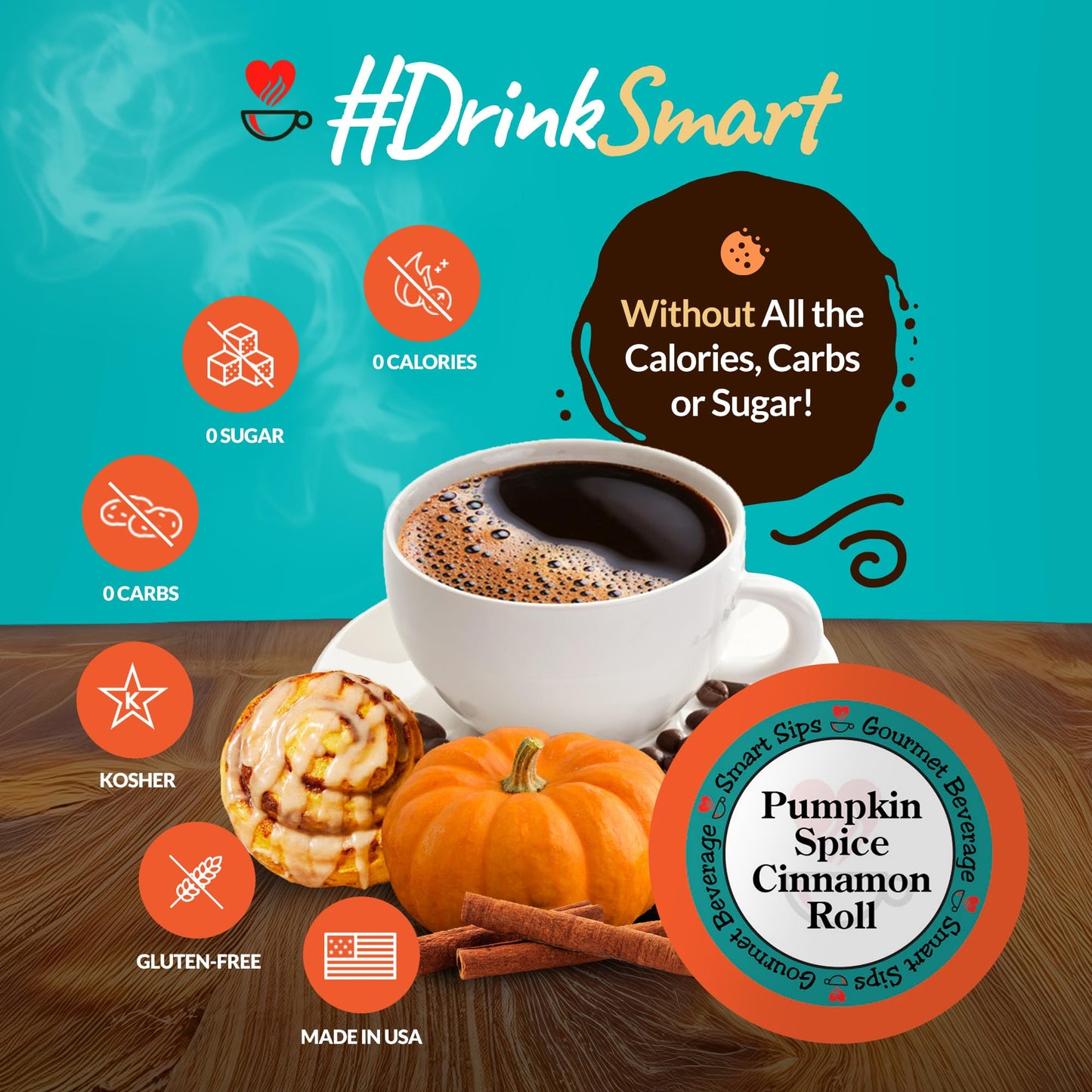 Smart Sips Coffee Pumpkin Spice Cinnamon Roll Coffee - Medium Roast, 48 Count Single-Serve Cups for Keurig K-Cup malt-inspired