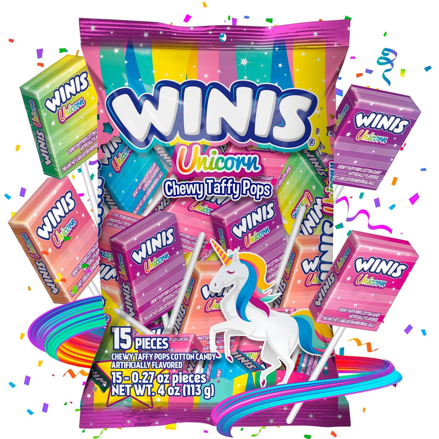Winis Unicorn | Chewy Taffy Pops | Cotton Candy Flavored | Sharing Size 4.3 Oz Bag - 15 Pieces