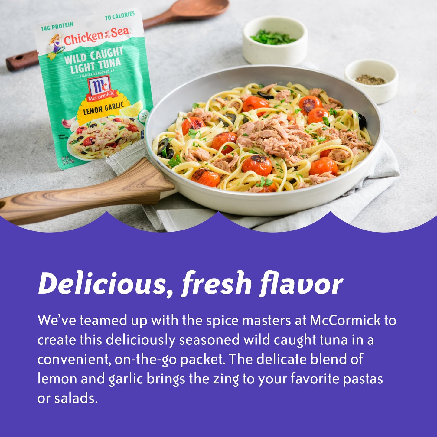 Chicken of the Sea Wild Caught Light Tuna, 2.5 oz. Packets (Box of 12), Lemon Garlic Seasoning