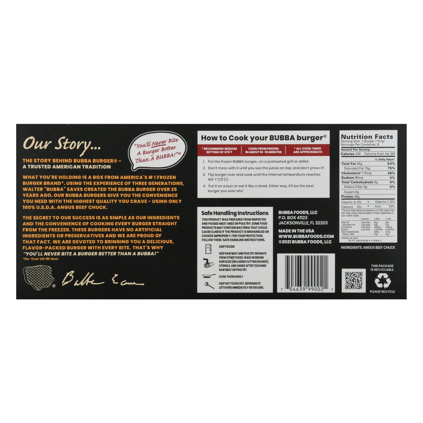 Bubba Burger, Frozen Angus Beef Burger Patties, USDA Choice Beef Chuck, 2 lb, Pack of 6