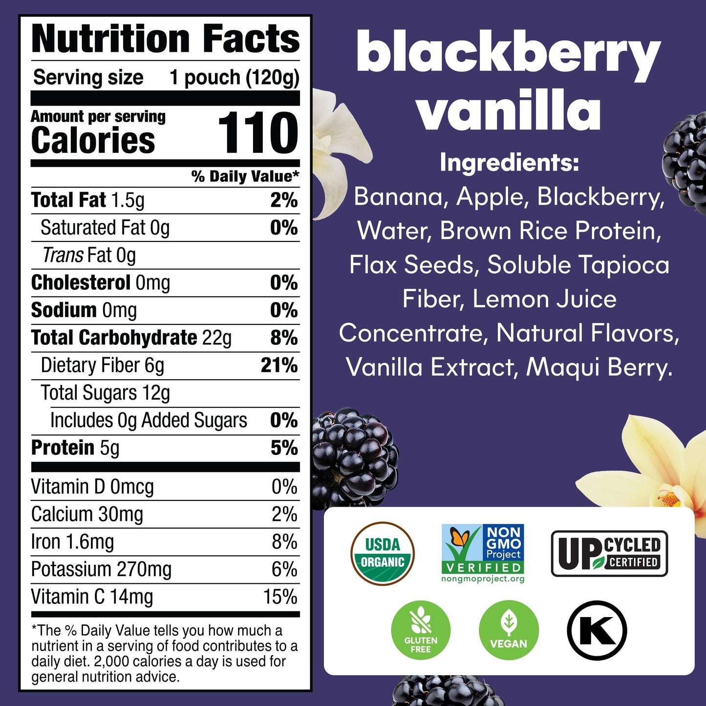 NOKA Superfood Fruit Smoothie Pouches, Blackberry Vanilla, Vegan, Gluten Free, 4.22 oz, Pack of 12