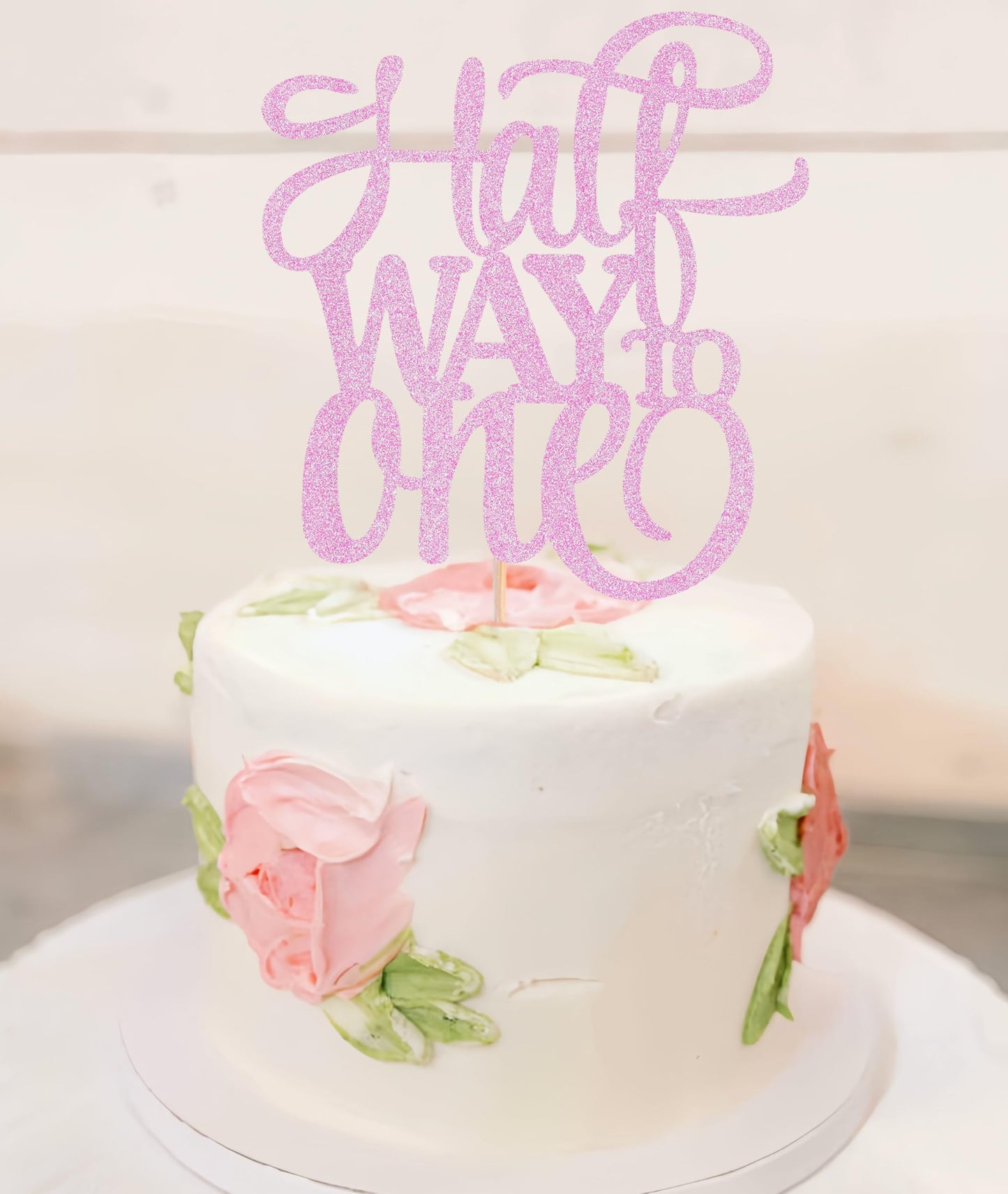Ahaoray Half Way To One Cake Topper - Pink Glitter 6 Months Birthday Decorations Supplies - Half Birthday Decorations Baby Girl,