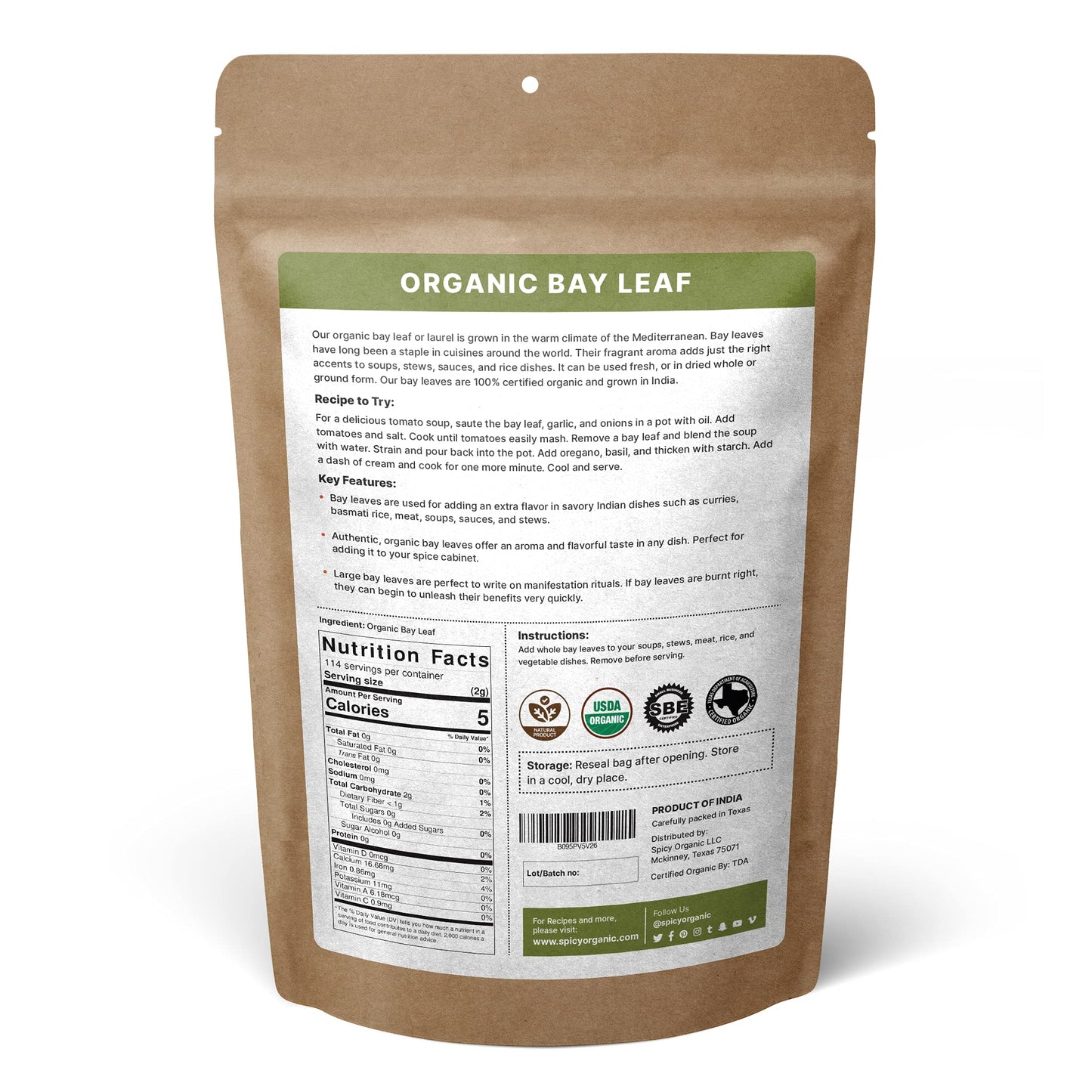 SPICY ORGANIC Bay Leaf - USDA Organic, Non-GMO, Gluten-Free - 8 Oz Resealable Pack