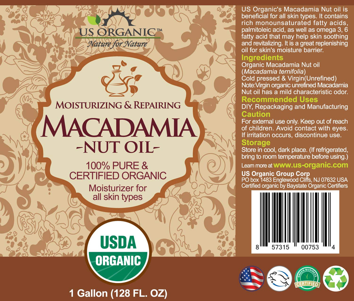 US Organic Macadamia Nut Oil, Unrefined Virgin, Cold Pressed, 128 Fl Oz (1 Gallon)