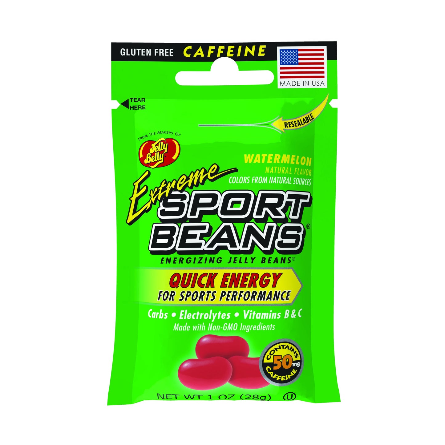 Jelly Belly Extreme Sport Beans, Caffeinated Jelly Beans, Watermelon, 1 oz Each, Pack of 24, Red
