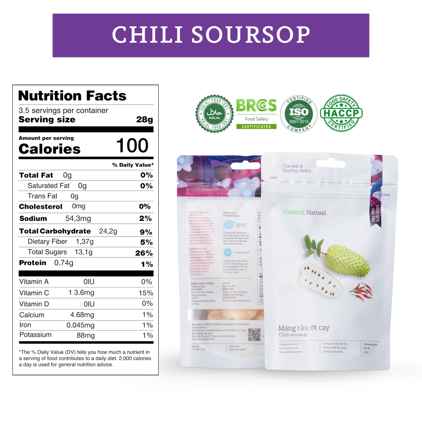 Vinamit Enhanced Tropical Dried Fruit | Chewy Exotic Fruit Snacks | Naturally Sweet, Vegan, Gluten-Free, No-Gmo | Rich In Potassium | Ideal For Travel, Healthy Snacking (3.5 Ounce (Pack Of 1), Soft Dried Chili Soursop)