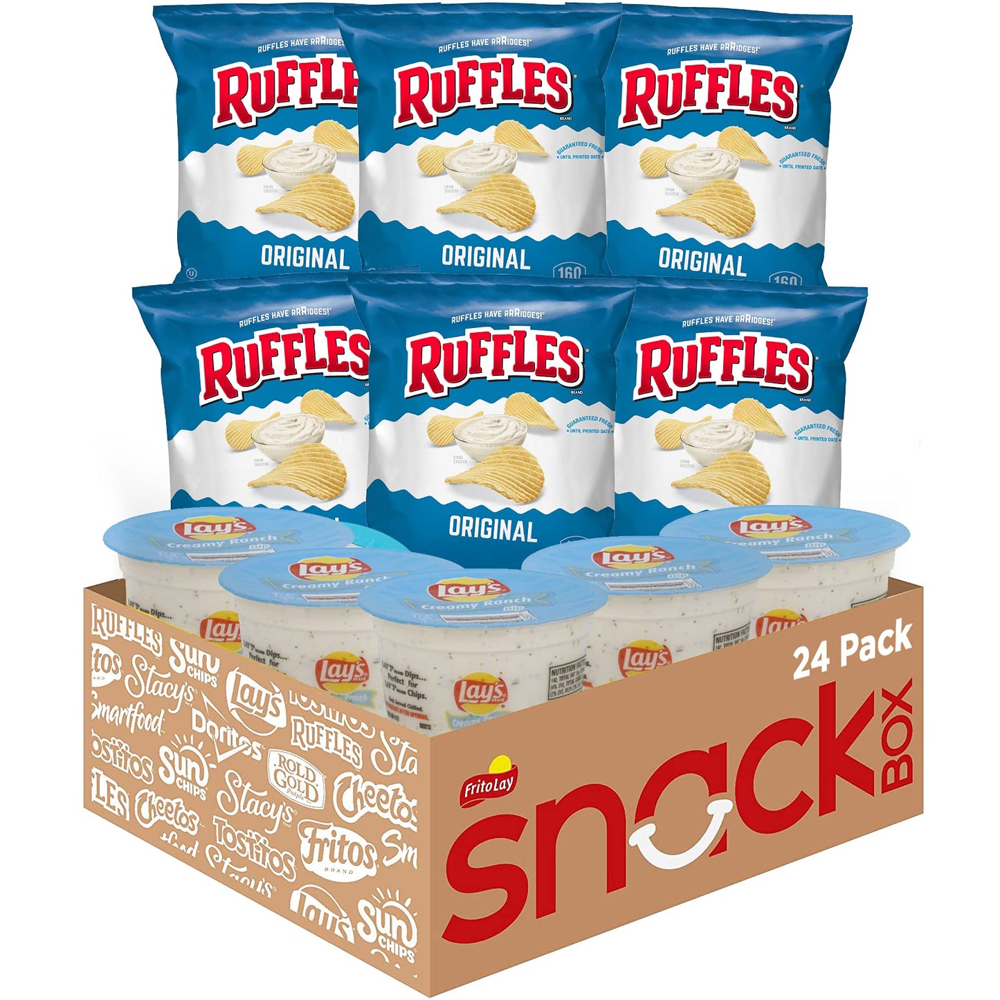 Frito Lay Ruffles Chips and Lays Ranch Dip Cups Variety Pack, (Pack of 24)