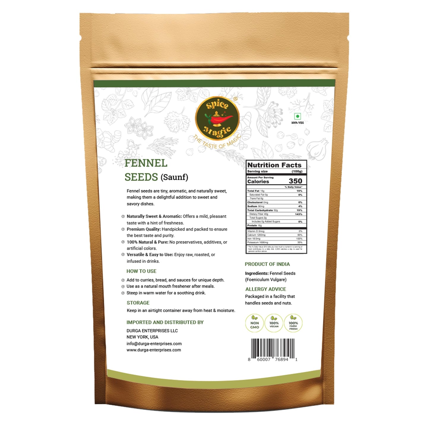 SPICE MAGIC Fennel Seeds | 100% Natural Whole Spice | 7oz (200g) | Non-GMO | Indian Origin