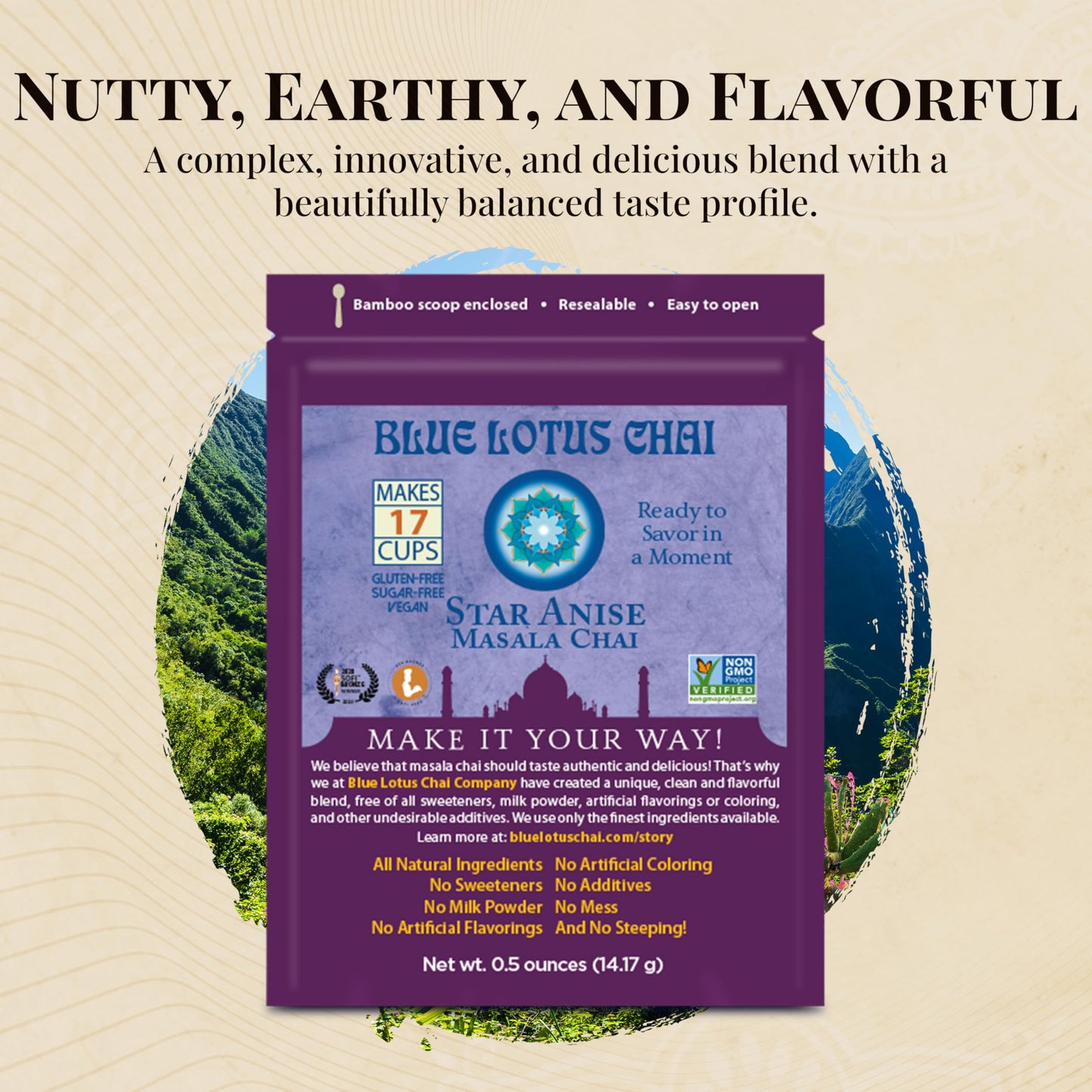 Blue Lotus Chai - Star Anise Masala Chai - Makes 17 Cups - 0.5 Oz Pouch Masala Spiced Chai Powder With Organic Spices - Instant