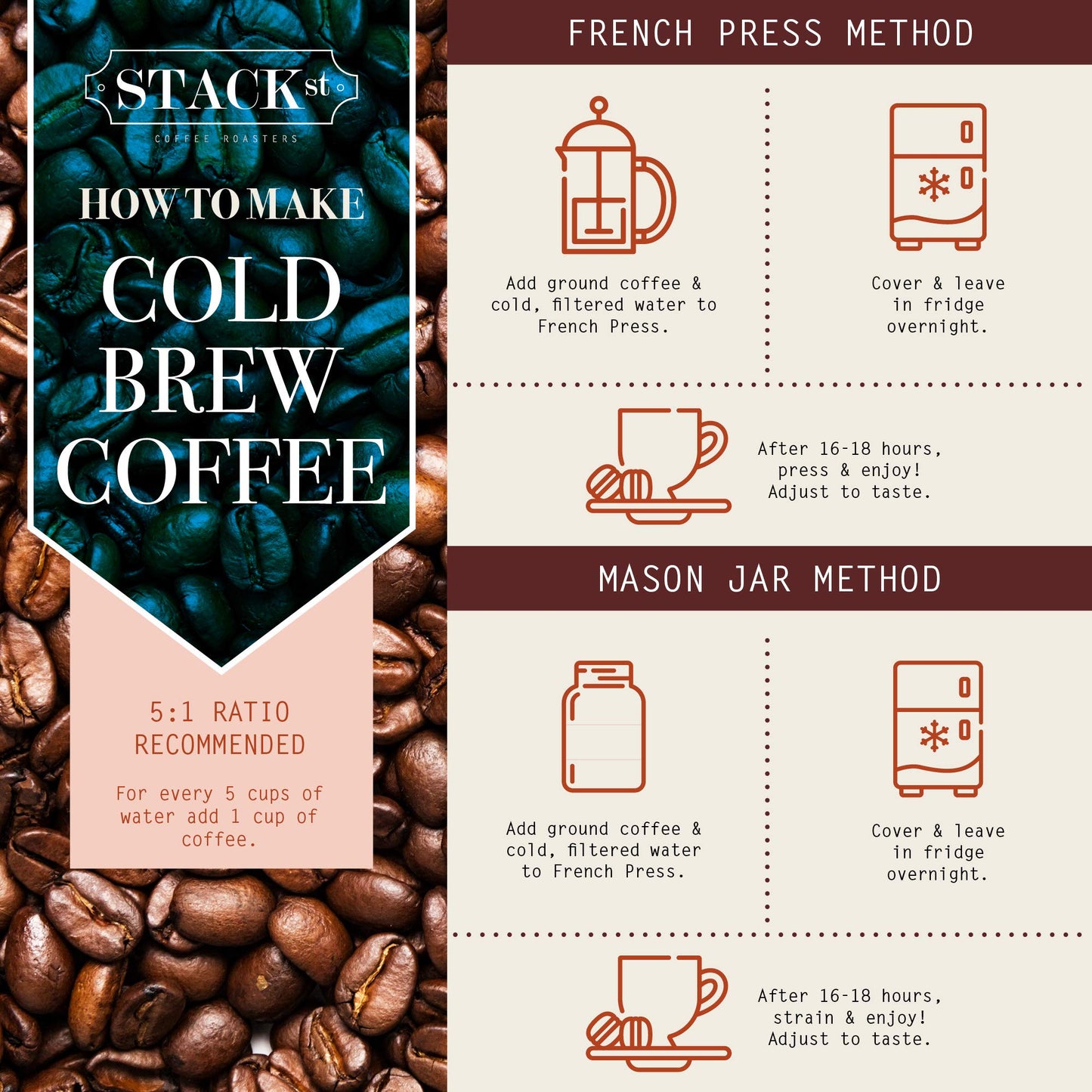 Stack Street Organic Cold Brew Coffee, Colombian Supremo, Dark Roast, 16 Ounce, Coarse Grind, 100% Arabica Beans, Single Origin