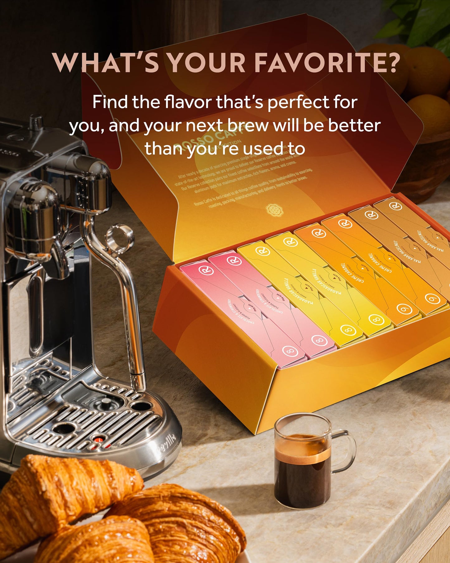 ROSSO CAFFÈ Espresso Coffee Pods for Nespresso - 80 Flavored compact pieces (Chocolate, Vanilla, Crème Caramel, Hazelnut) - 10 Count (Pack of 8)