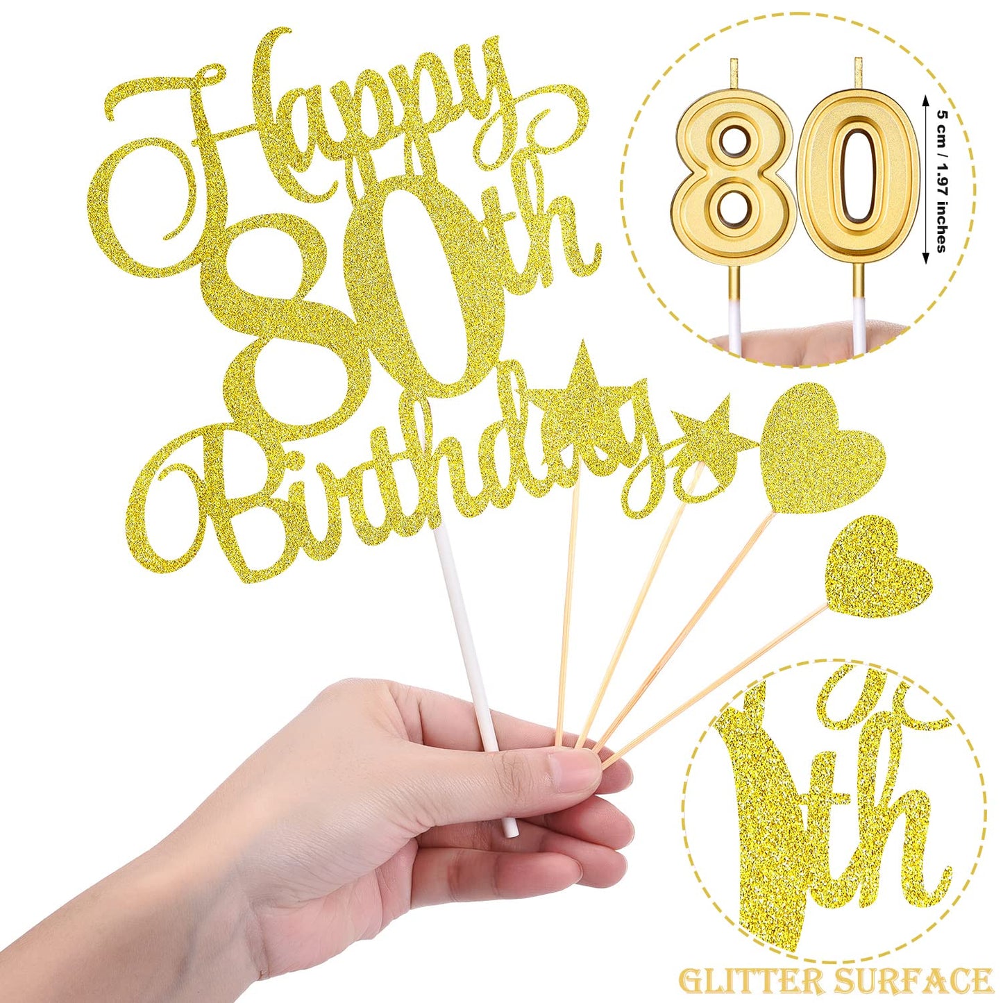 HOGRTi 80th Birthday Cake Decorations Set, Gold Series, Includes Cake Toppers, Candles, and Cupcake Picks