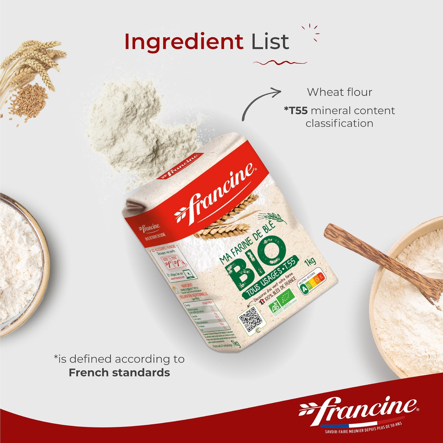Francine Organic All-Purpose Wheat Flour - 2.2 lbs (Pack of 2) - French Gluten-Free Baking Essential
