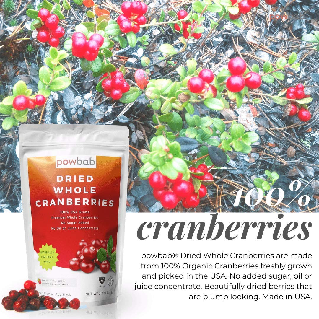 powbab Organic Dried Cranberries, Unsweetened, 2.9 Oz - 100% USA Grown, No Sugar, No Oil, No Sulfites, Healthy Snack