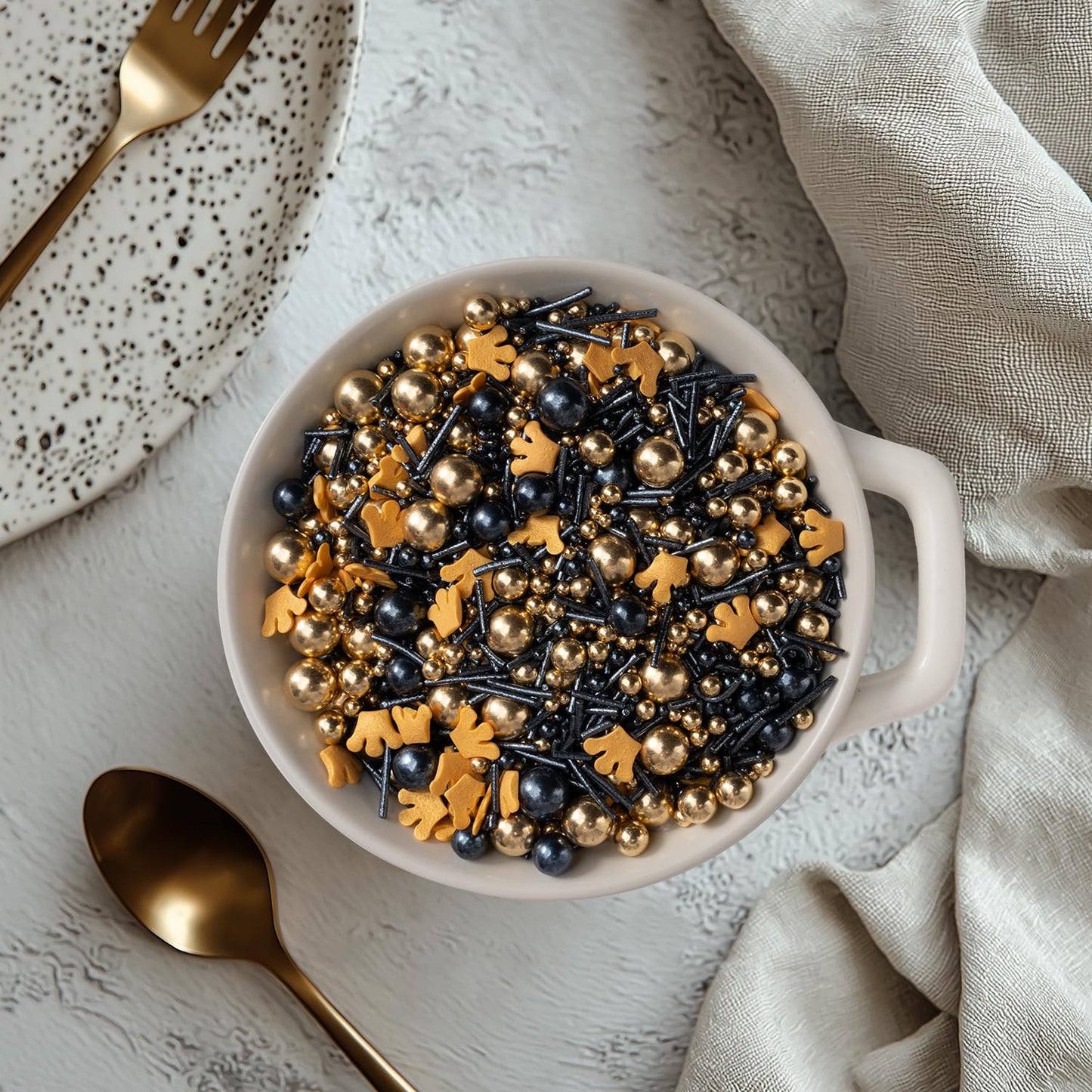 Royal Crown Black And Gold Sprinkles For Cake Decorating 4.23Ounce - Sugar Mix Contains Jimmies & Pearl Sprinkles For Cupcake To