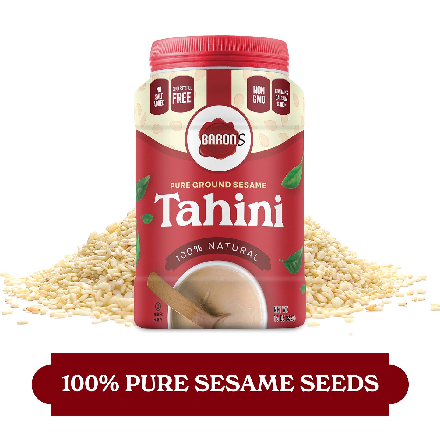 Baron'S Pure Tahini Sesame Paste | Rich Creamy Spread For Hummus, Dips, Sauces | 2 X 16 Oz Jars | Kosher, Vegan, Keto Friendly,